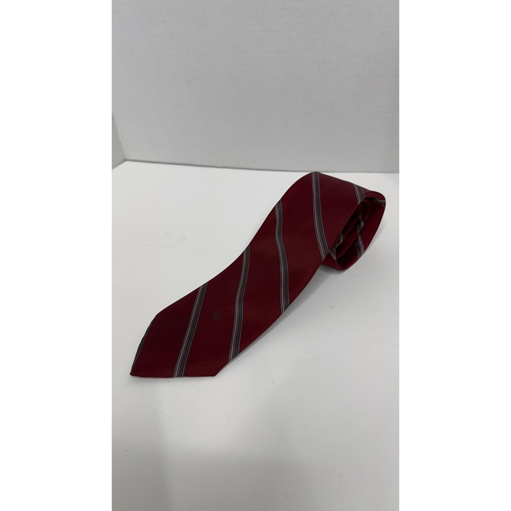 Christian Dior Mens Silk Necktie Burgundy Grey Diagonal Stripe Logo USA Made